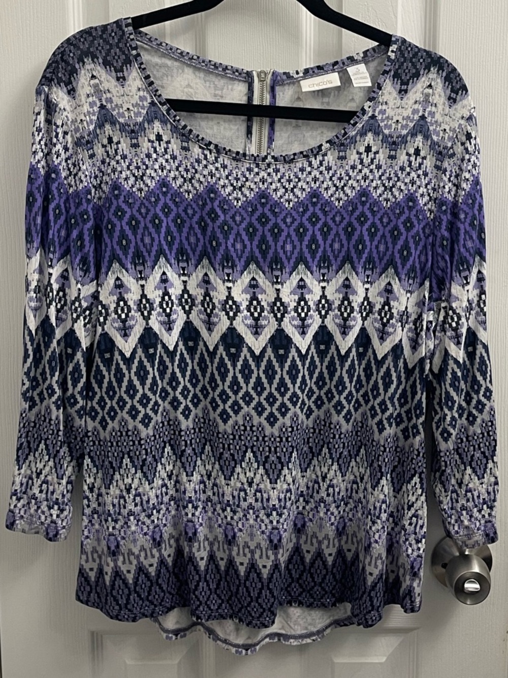 Chico's Purple, Navy & White Geometric Knit Top